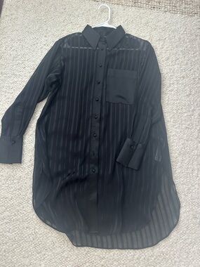 Zara Black Sheer Stripe Longline Button-Down Shirt
